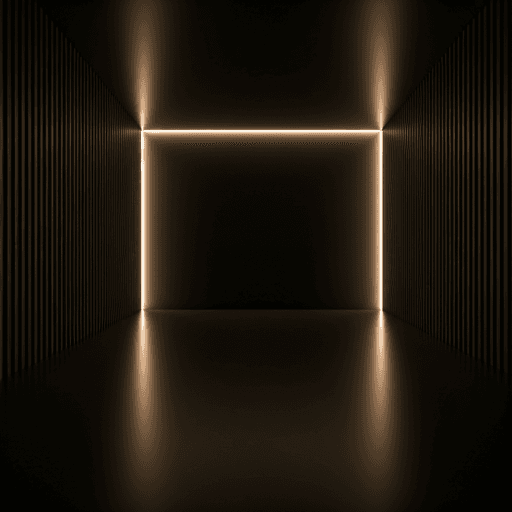 Minimalist modern architectural space with dark tones and warm accent lighting
